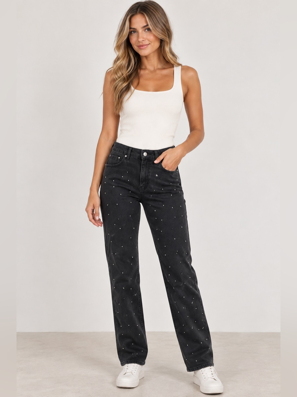 By the way. Black Wash Embellished High Rise Raw Hem Jeans